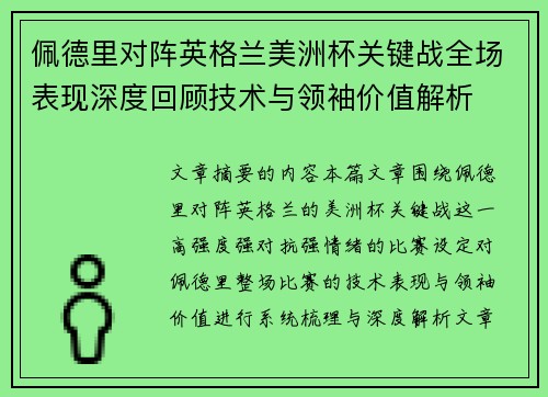 佩德里对阵英格兰美洲杯关键战全场表现深度回顾技术与领袖价值解析